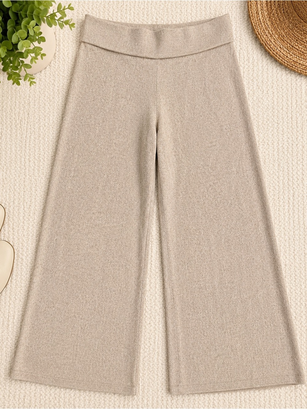 Marled Wide Leg Knit Pants Beige Pull On Cropped Small
